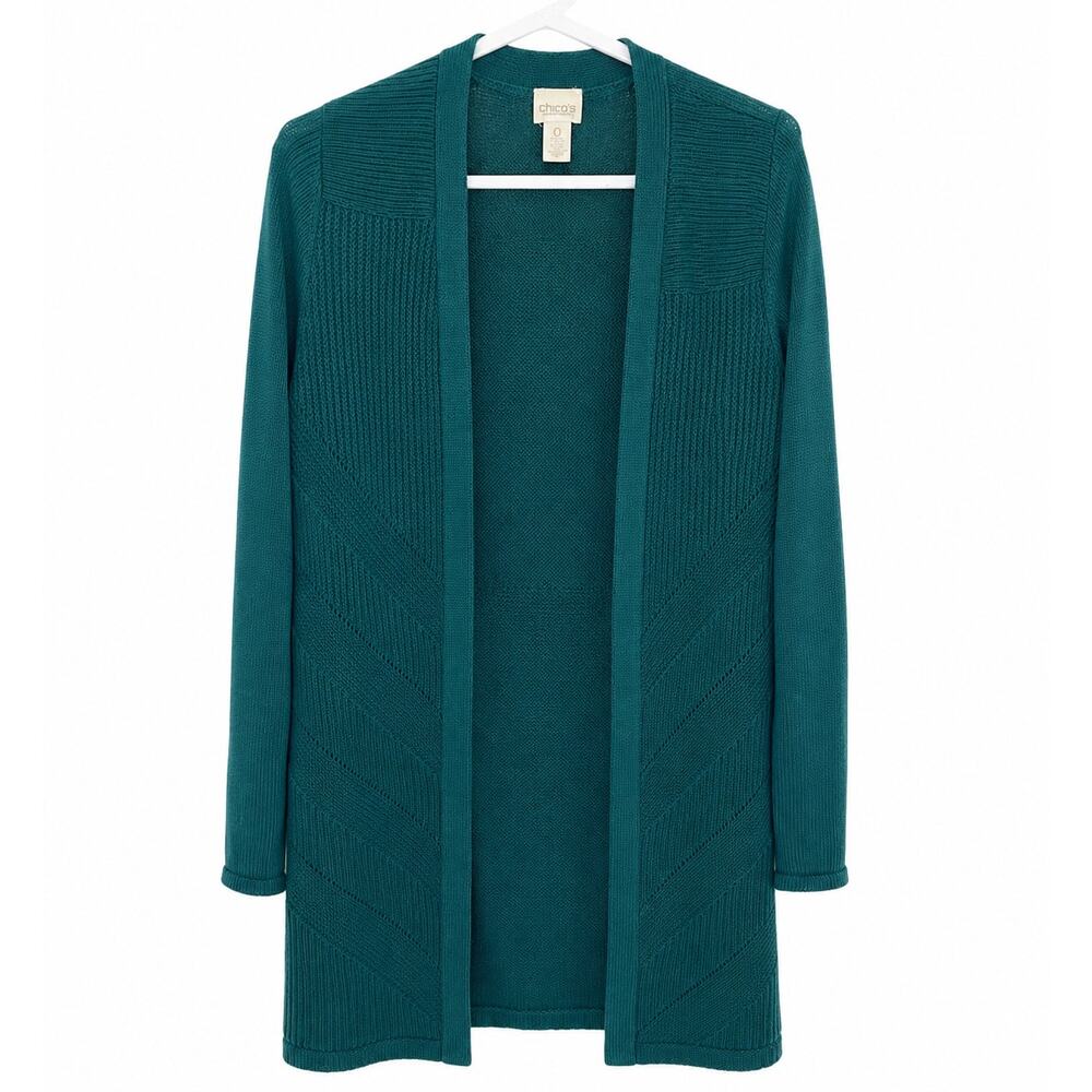 Chico's Green Long Duster Open Cardigan Womens size 0/small has pockets!